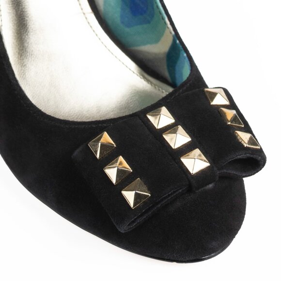 Anne Klein Black Suede Heels with Gold Studded Bows 6M - Picture 6 of 11